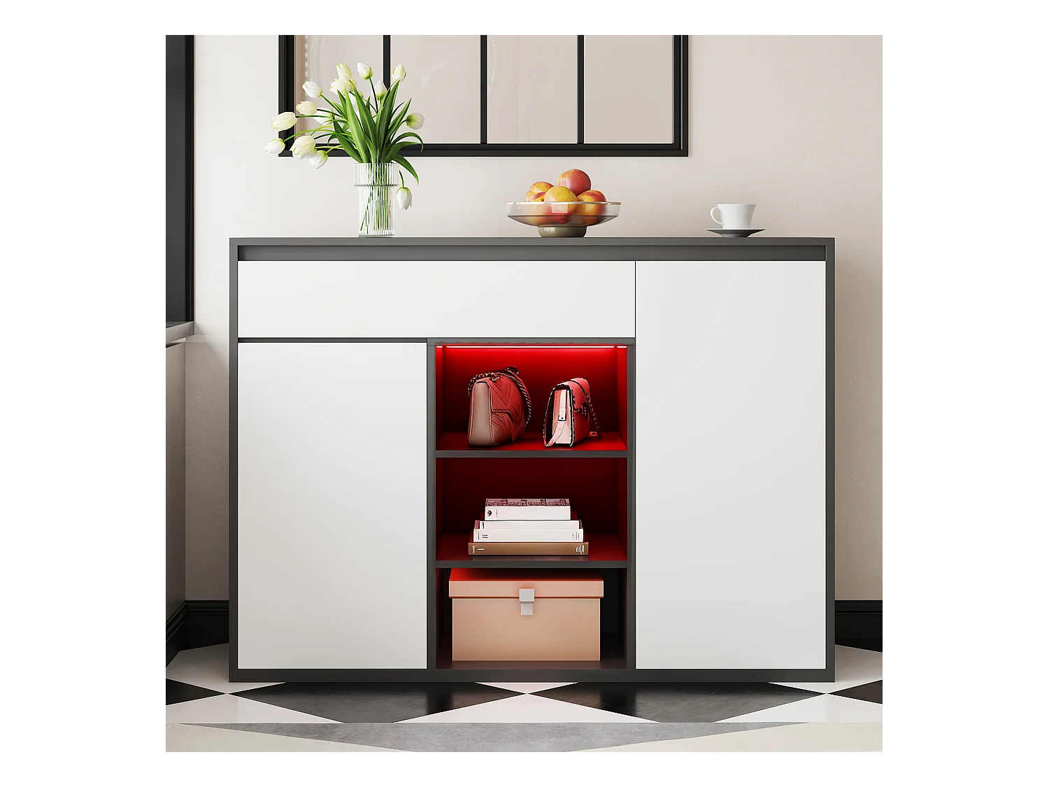 Meuble à chaussures 105x39.5x86 cm - 2 portes et 1 tiroir - Avec éclairage LED - Avec étagères réglables - Blanc + Noir