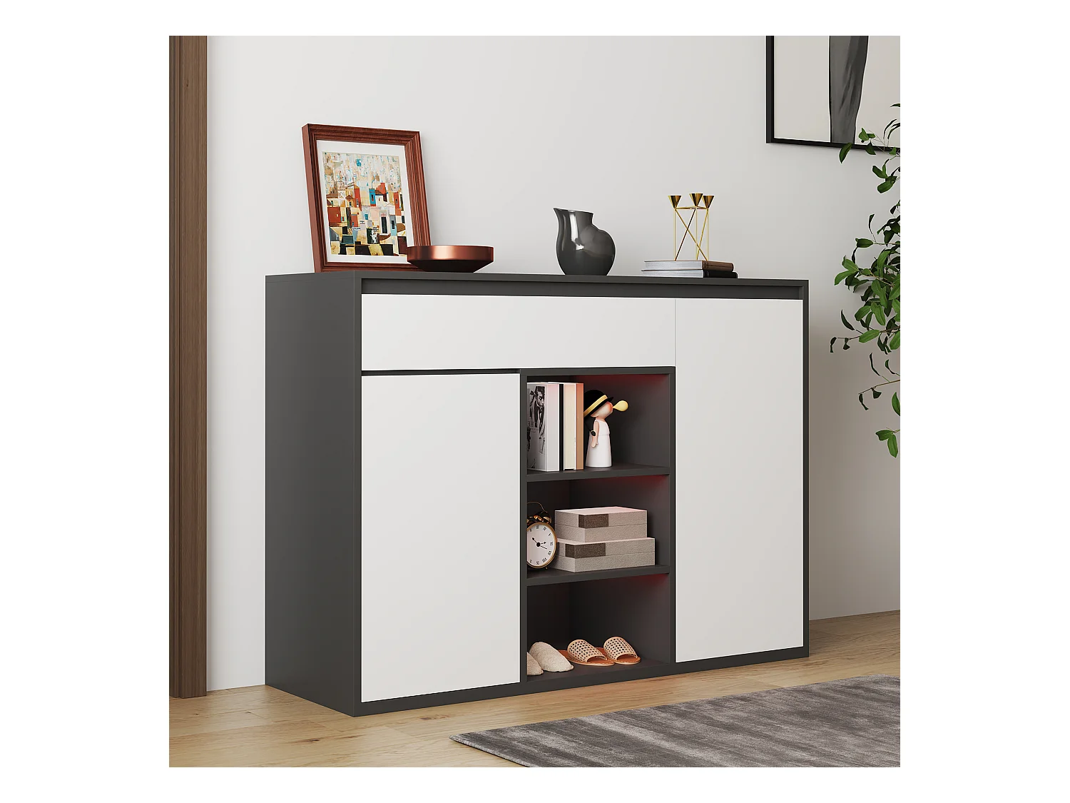 Meuble à chaussures 105x39.5x86 cm - 2 portes et 1 tiroir - Avec éclairage LED - Avec étagères réglables - Blanc + Noir