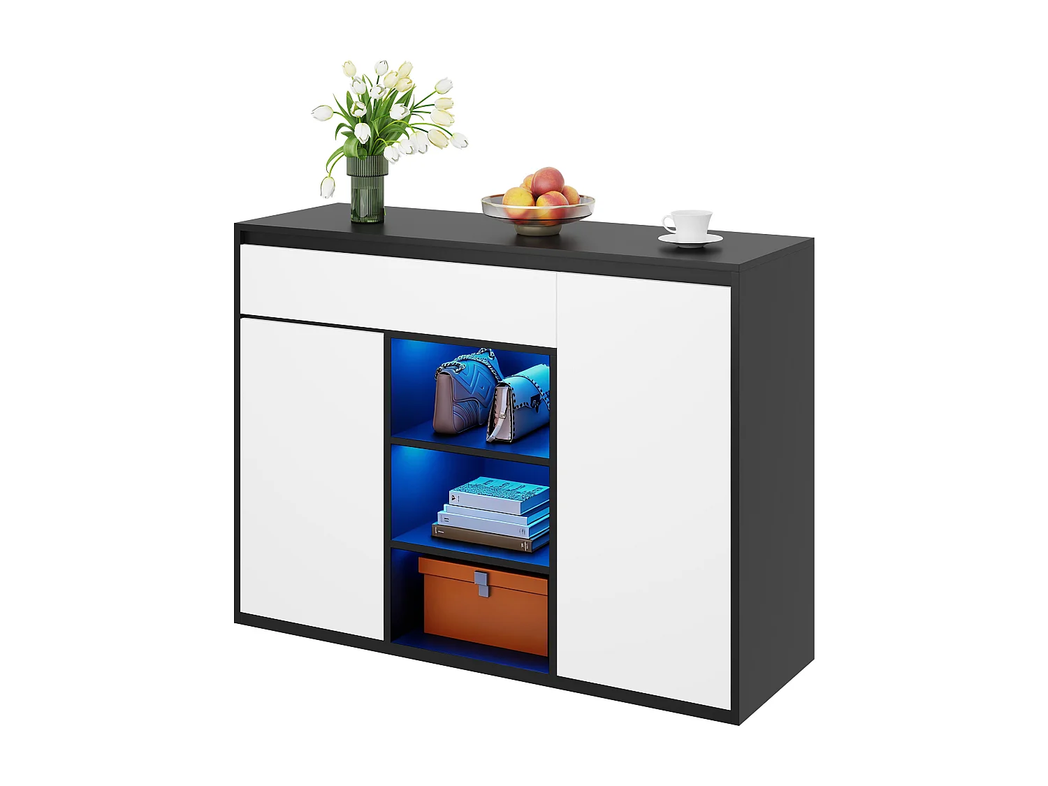 Schuhschrank 105x39.5x86 cm - 2 Türen und 1 Schublade - Mit LED-Beleuchtung - Mit verstellbaren Regalen - Weiß + Schwarz