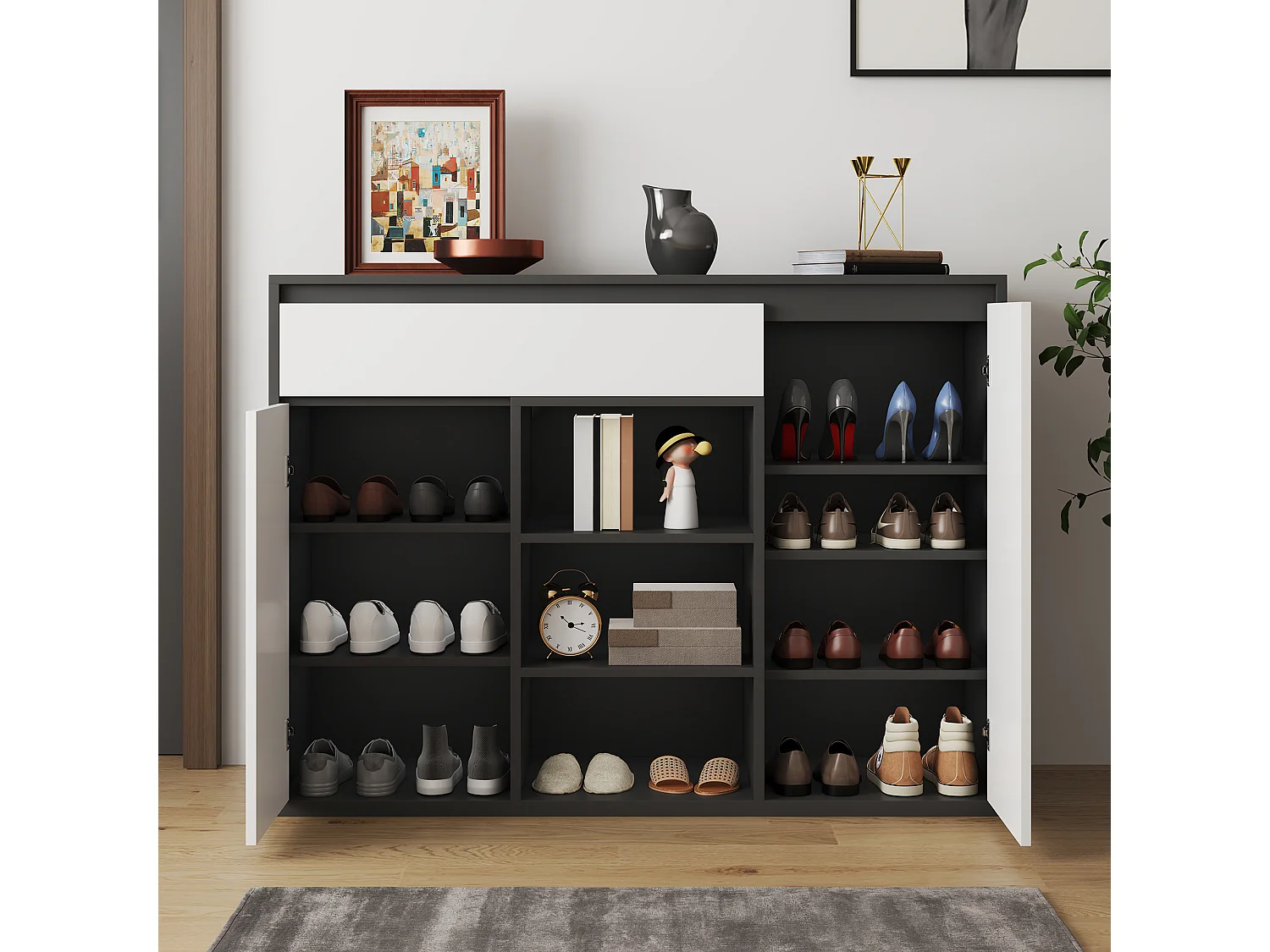 Schuhschrank 105x39.5x86 cm - 2 Türen und 1 Schublade - Mit LED-Beleuchtung - Mit verstellbaren Regalen - Weiß + Schwarz