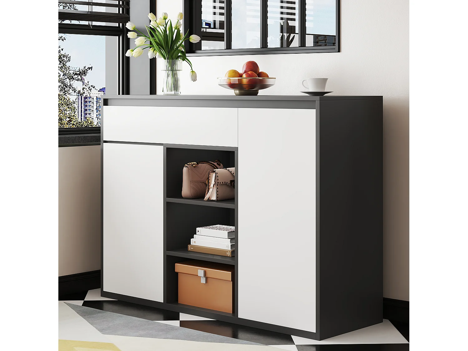 Schuhschrank 105x39.5x86 cm - 2 Türen und 1 Schublade - Mit LED-Beleuchtung - Mit verstellbaren Regalen - Weiß + Schwarz