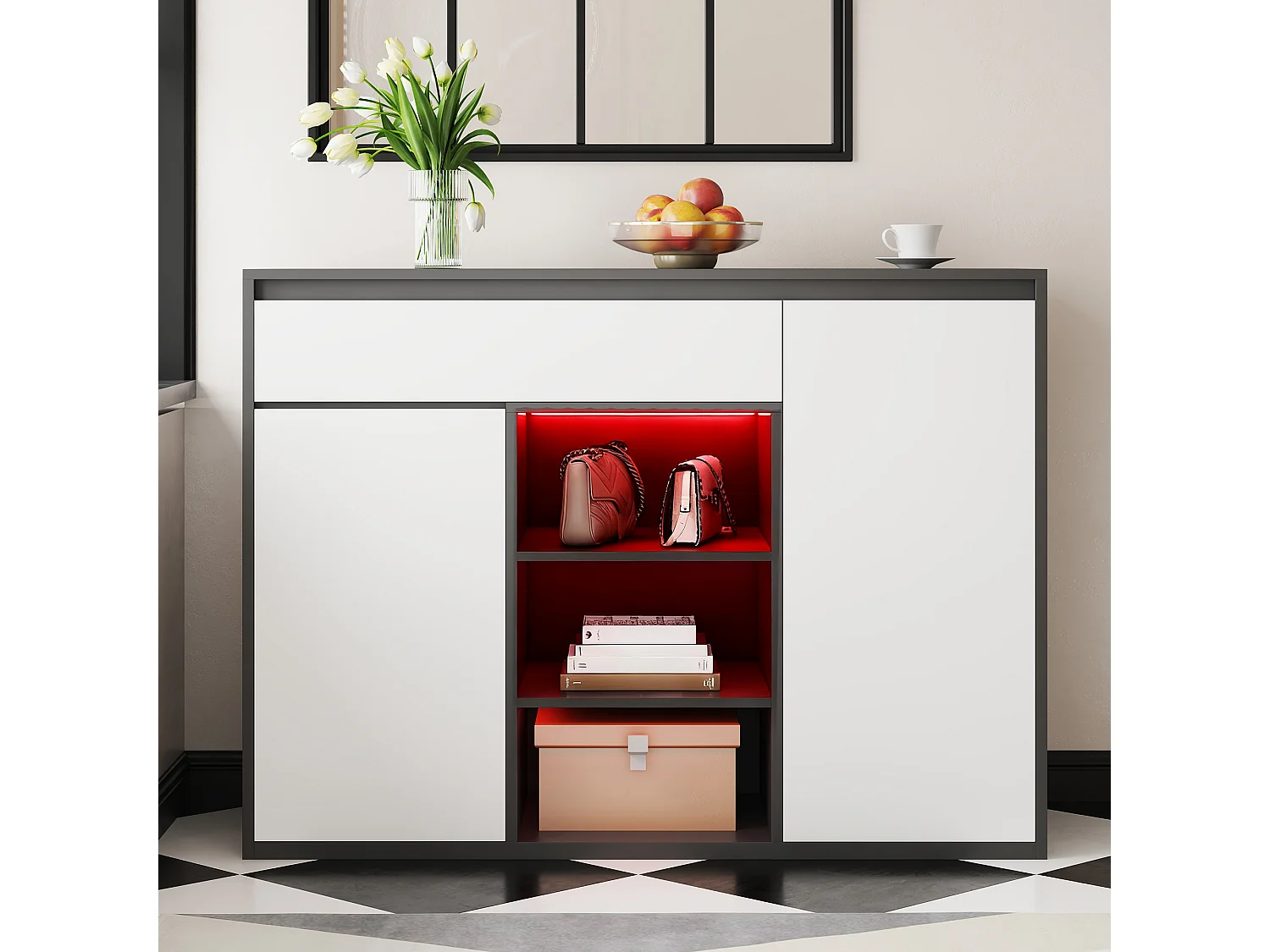 Schuhschrank 105x39.5x86 cm - 2 Türen und 1 Schublade - Mit LED-Beleuchtung - Mit verstellbaren Regalen - Weiß + Schwarz