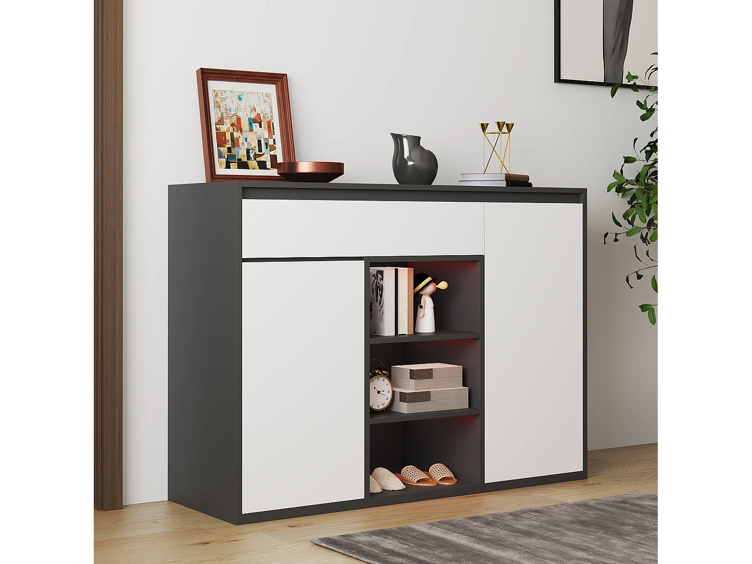 Schuhschrank 105x39.5x86 cm - 2 Türen und 1 Schublade - Mit LED-Beleuchtung - Mit verstellbaren Regalen - Weiß + Schwarz