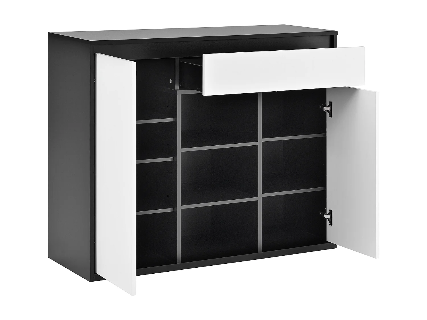 Schuhschrank 105x39.5x86 cm - 2 Türen und 1 Schublade - Mit LED-Beleuchtung - Mit verstellbaren Regalen - Weiß + Schwarz