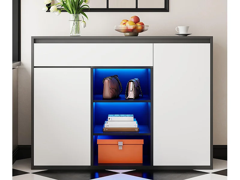 Meuble à chaussures 105x39.5x86 cm - 2 portes et 1 tiroir - Avec éclairage LED - Avec étagères réglables - Blanc + Noir