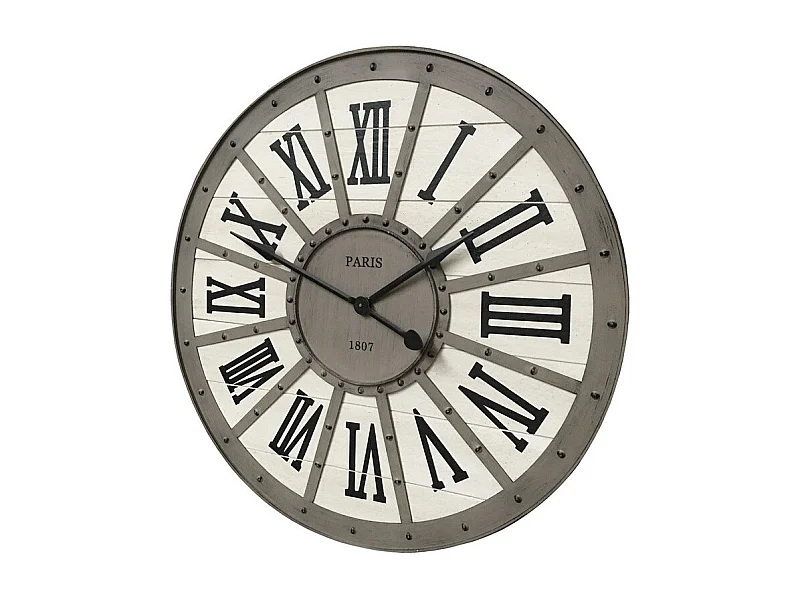 Grande horloge murale décorative vintage salon métal gris blanc 94cm