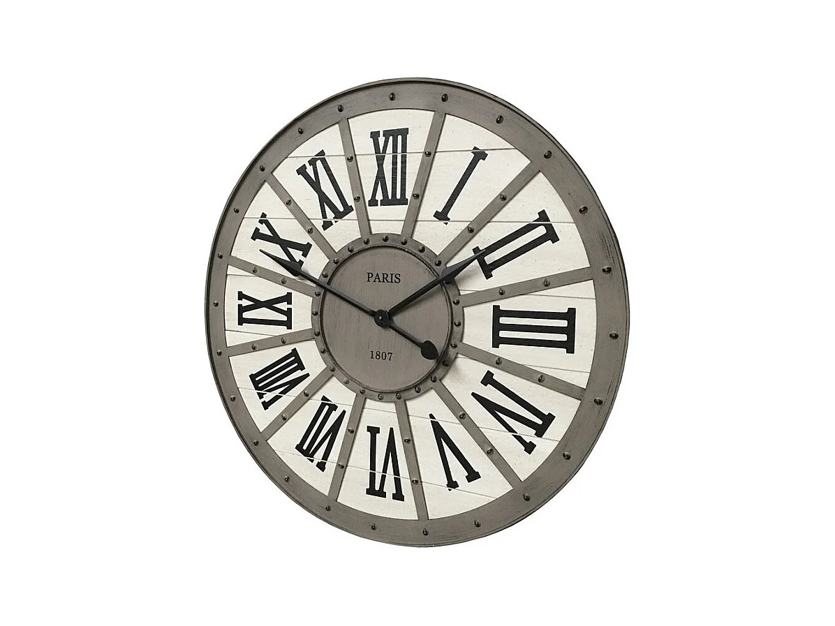 Grande horloge murale décorative vintage salon métal gris blanc 94cm