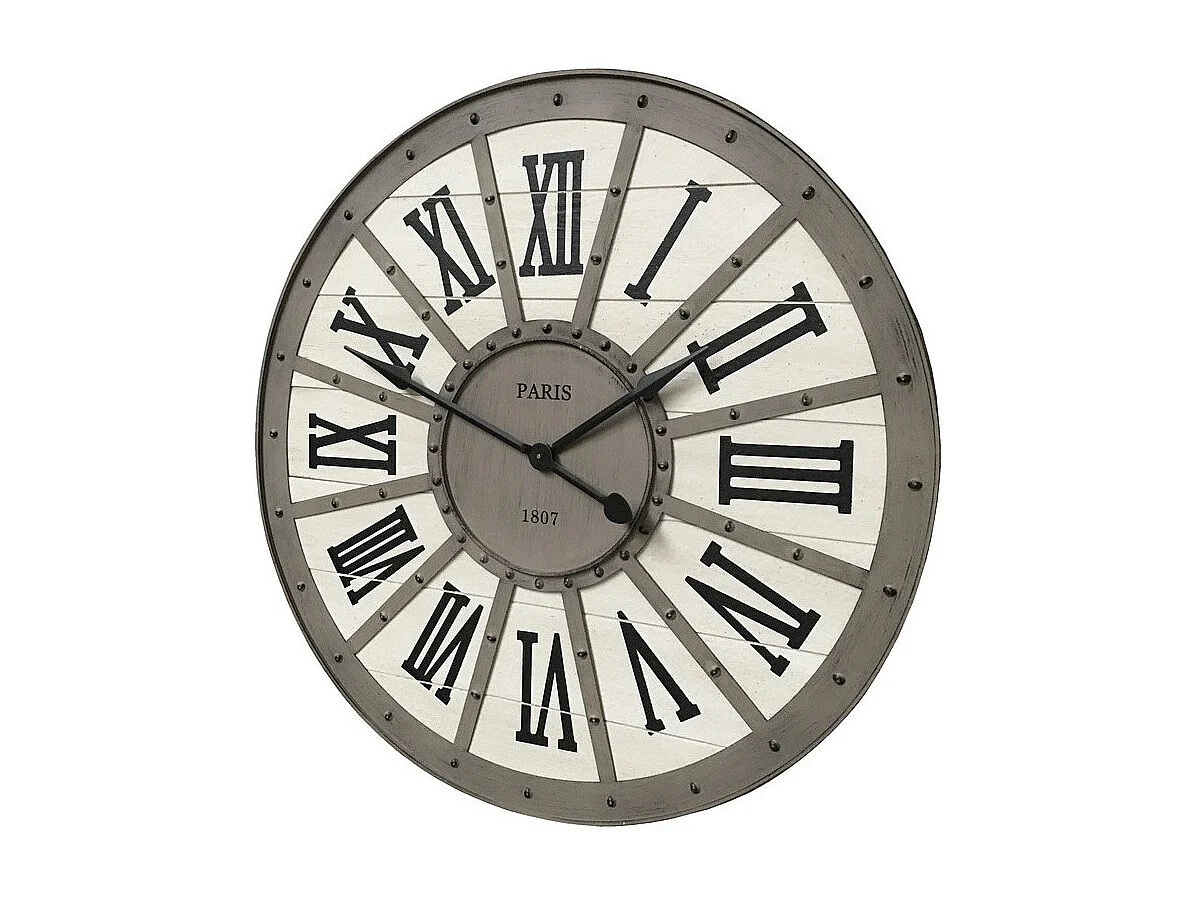 Grande horloge murale décorative vintage salon métal gris blanc 94cm