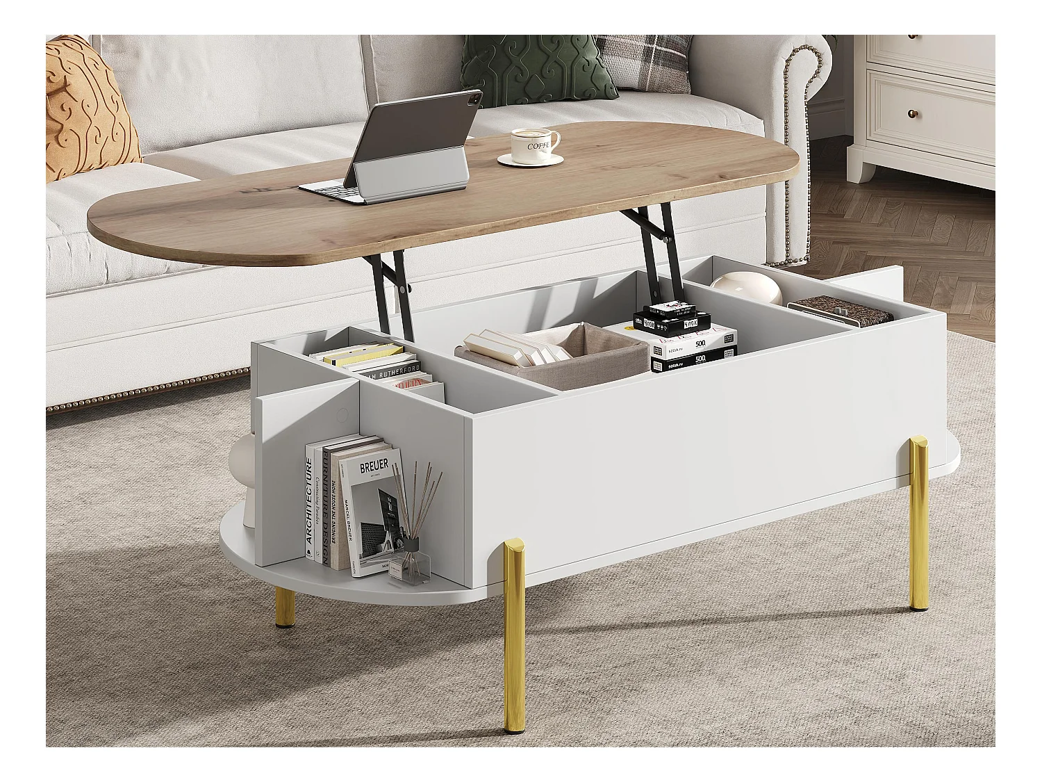 Table basse relevable 120x50x43 cm - avec rangement - Pieds en métal - MDF - Blanc + Naturel