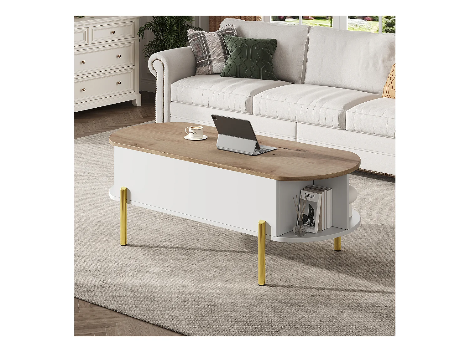 Table basse relevable 120x50x43 cm - avec rangement - Pieds en métal - MDF - Blanc + Naturel