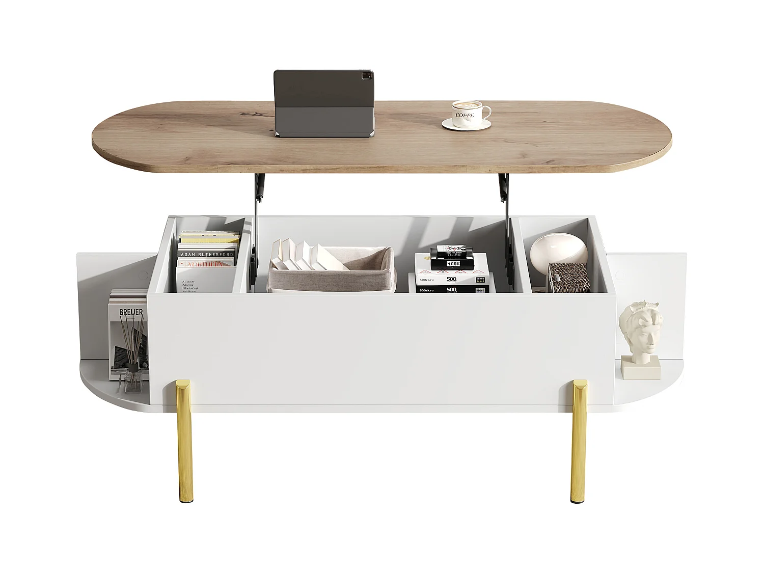 Table basse relevable 120x50x43 cm - avec rangement - Pieds en métal - MDF - Blanc + Naturel