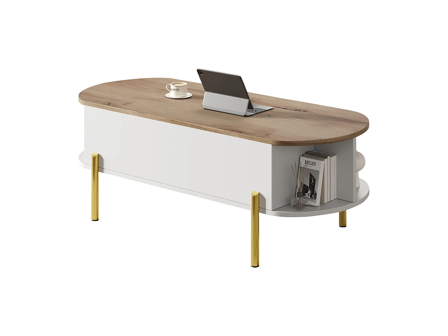 Table basse relevable 120x50x43 cm - avec rangement - Pieds en métal - MDF - Blanc + Naturel