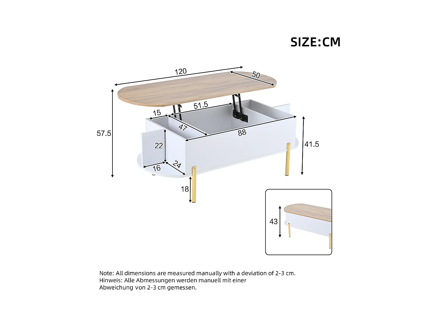 Table basse relevable 120x50x43 cm - avec rangement - Pieds en métal - MDF - Blanc + Naturel