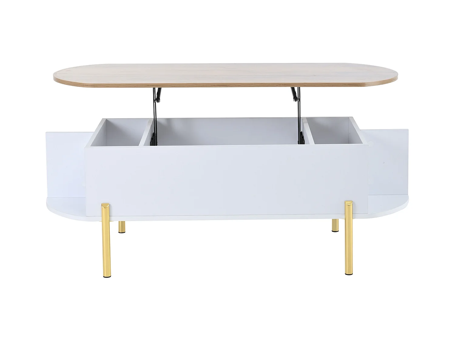 Table basse relevable 120x50x43 cm - avec rangement - Pieds en métal - MDF - Blanc + Naturel
