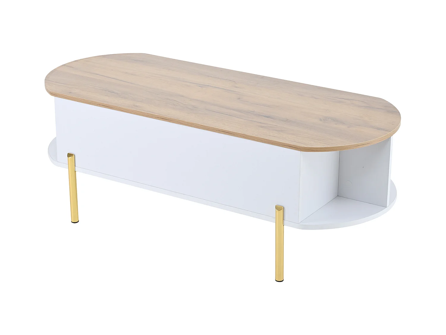 Table basse relevable 120x50x43 cm - avec rangement - Pieds en métal - MDF - Blanc + Naturel
