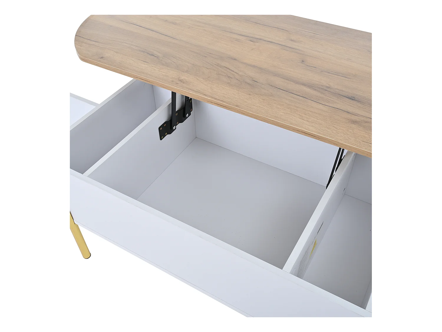 Table basse relevable 120x50x43 cm - avec rangement - Pieds en métal - MDF - Blanc + Naturel
