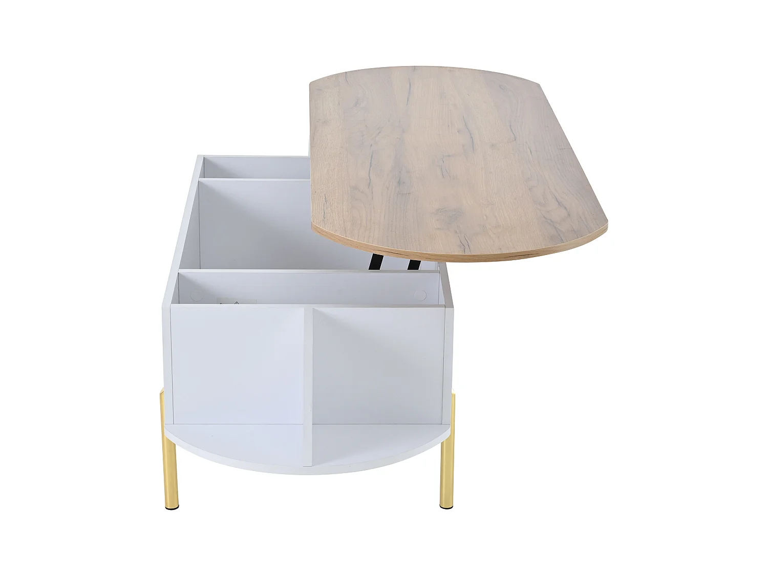Table basse relevable 120x50x43 cm - avec rangement - Pieds en métal - MDF - Blanc + Naturel