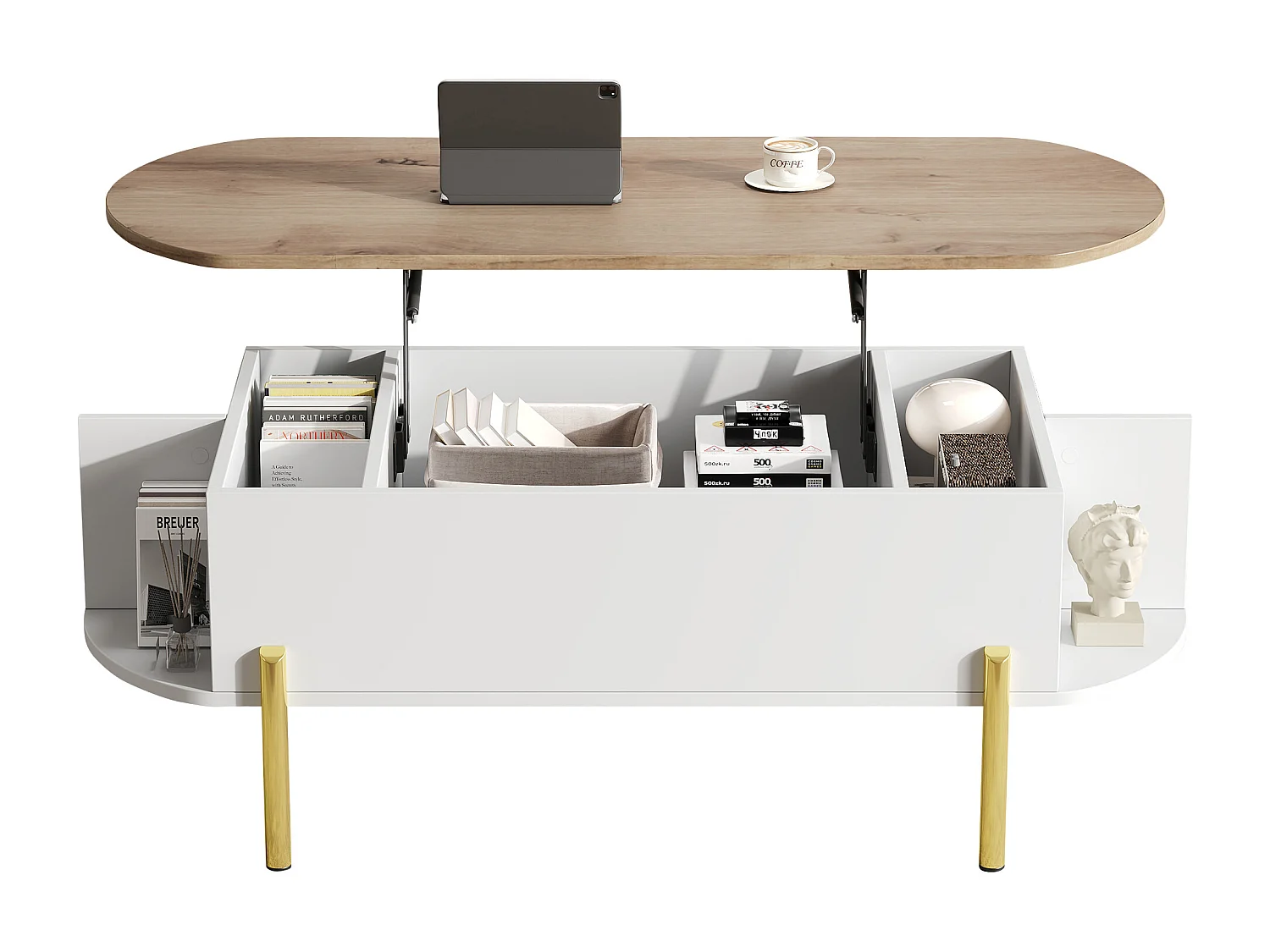 Table basse relevable 120x50x43 cm - avec rangement - Pieds en métal - MDF - Blanc + Naturel