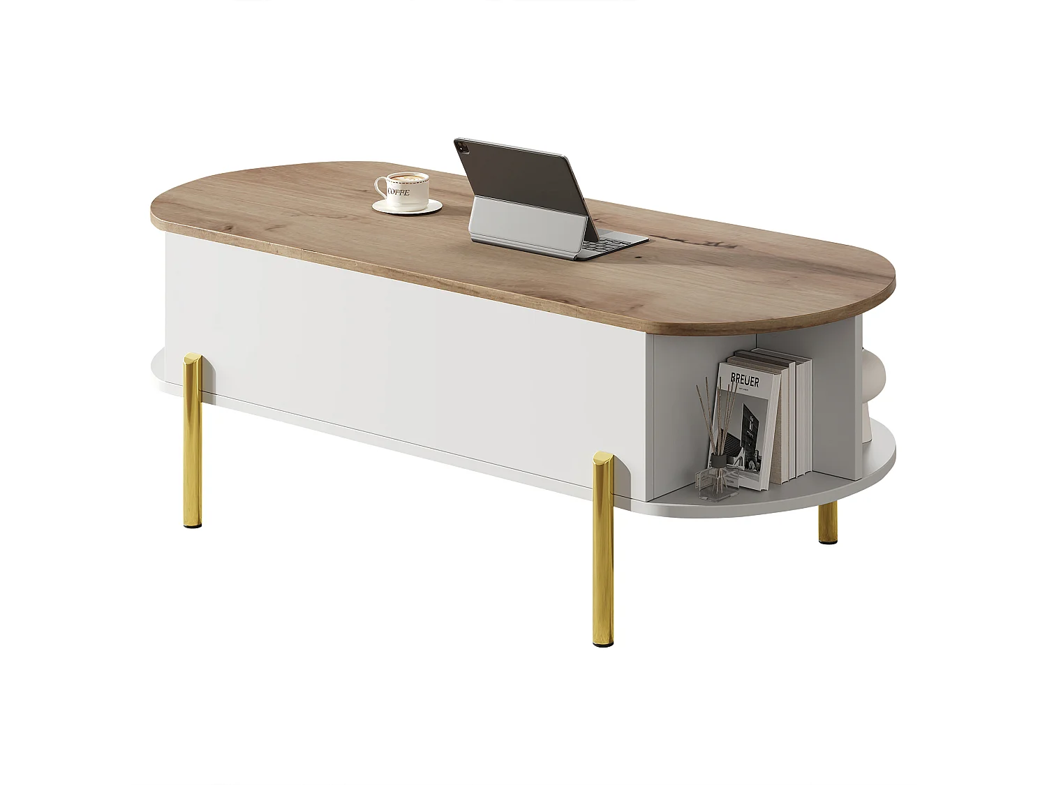 Table basse relevable 120x50x43 cm - avec rangement - Pieds en métal - MDF - Blanc + Naturel