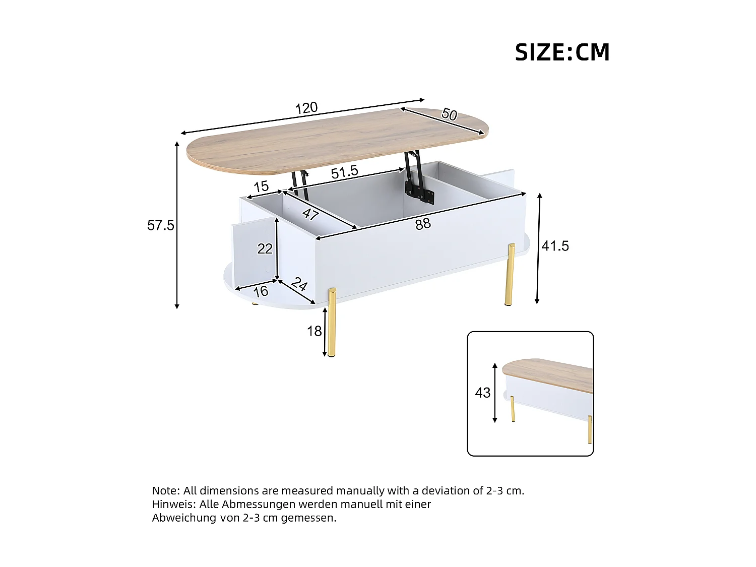 Table basse relevable 120x50x43 cm - avec rangement - Pieds en métal - MDF - Blanc + Naturel