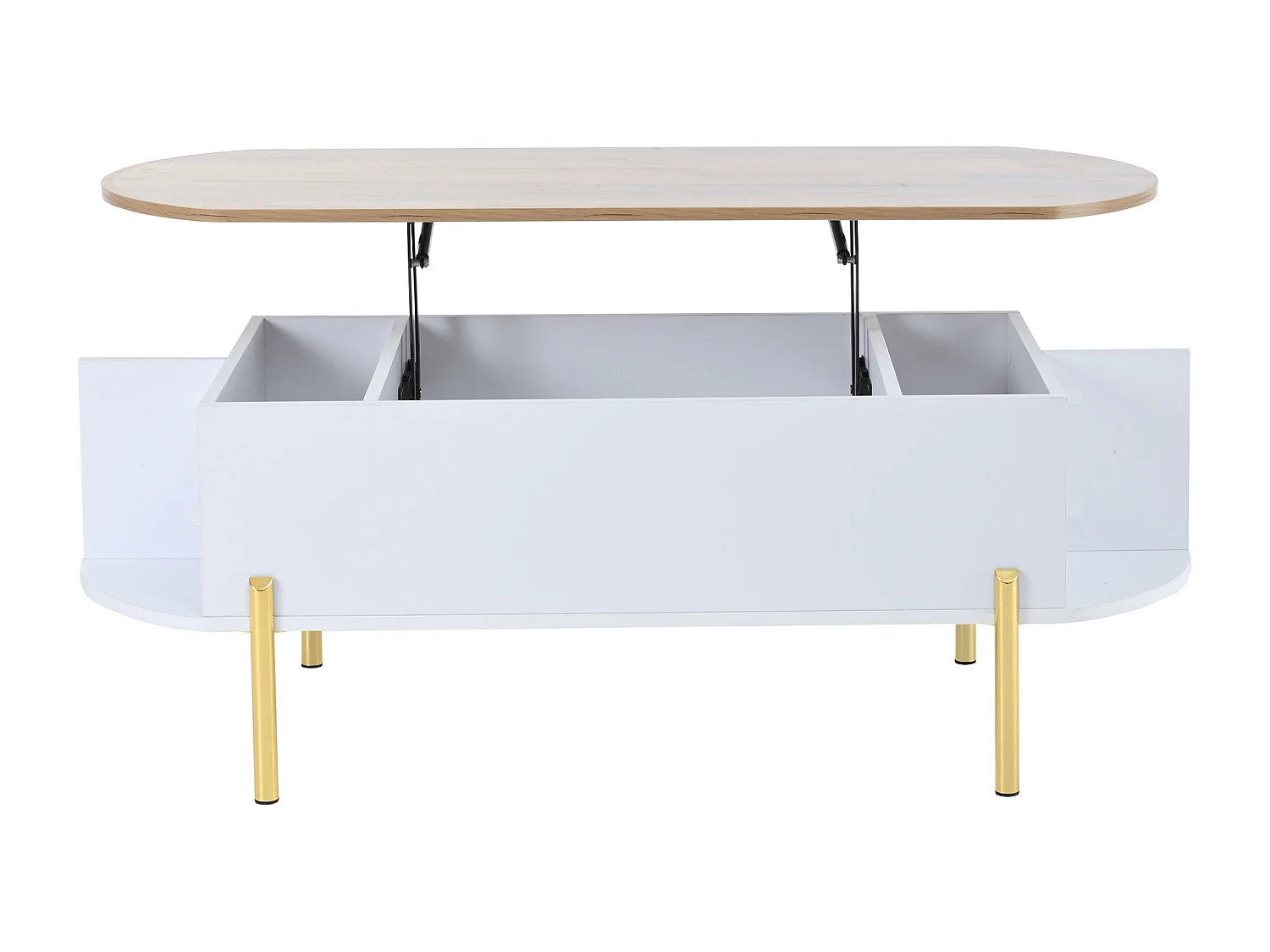 Table basse relevable 120x50x43 cm - avec rangement - Pieds en métal - MDF - Blanc + Naturel