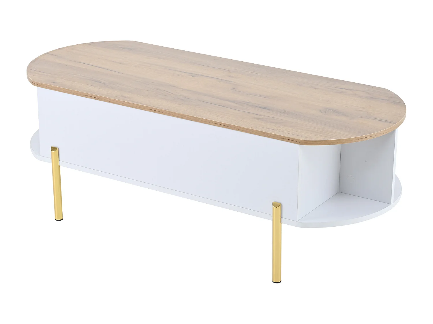 Table basse relevable 120x50x43 cm - avec rangement - Pieds en métal - MDF - Blanc + Naturel