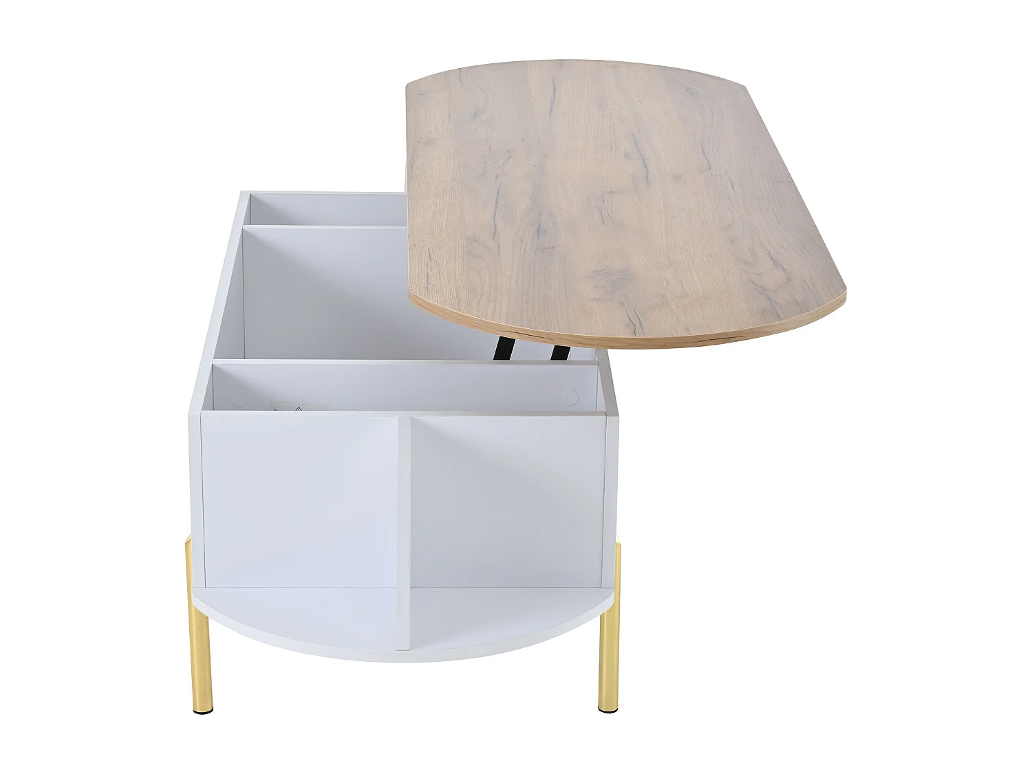 Table basse relevable 120x50x43 cm - avec rangement - Pieds en métal - MDF - Blanc + Naturel