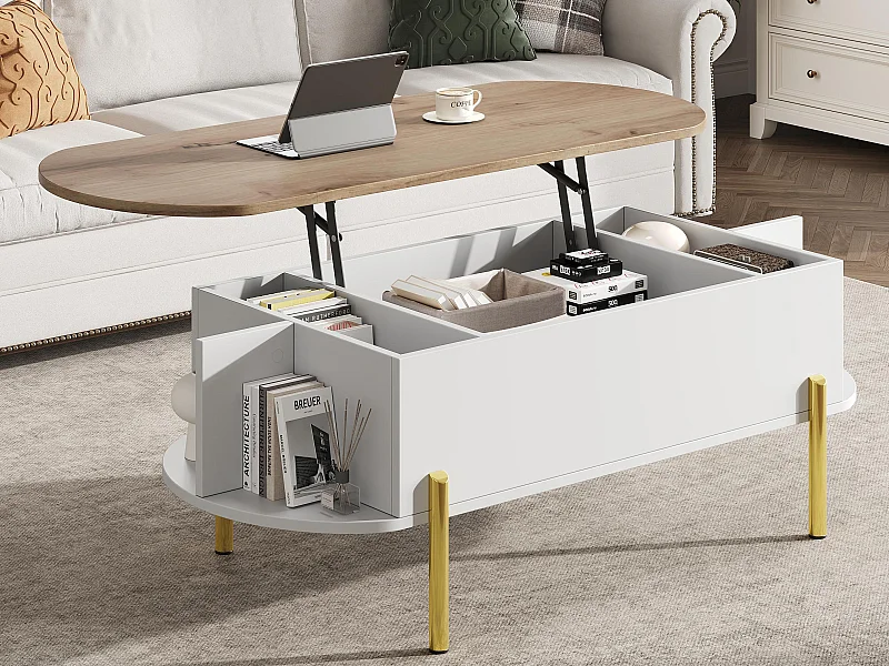 Höhenverstellbarer Couchtisch 120x50x43 cm - mit Stauraum - Metallfüße - MDF - Weiß + Natur