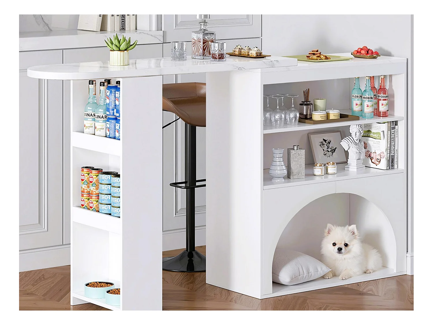 Meuble de bar extensible 120 (+80)×40×100 cm - avec espace de repos pour animaux - étagères ouvertes - blanc
