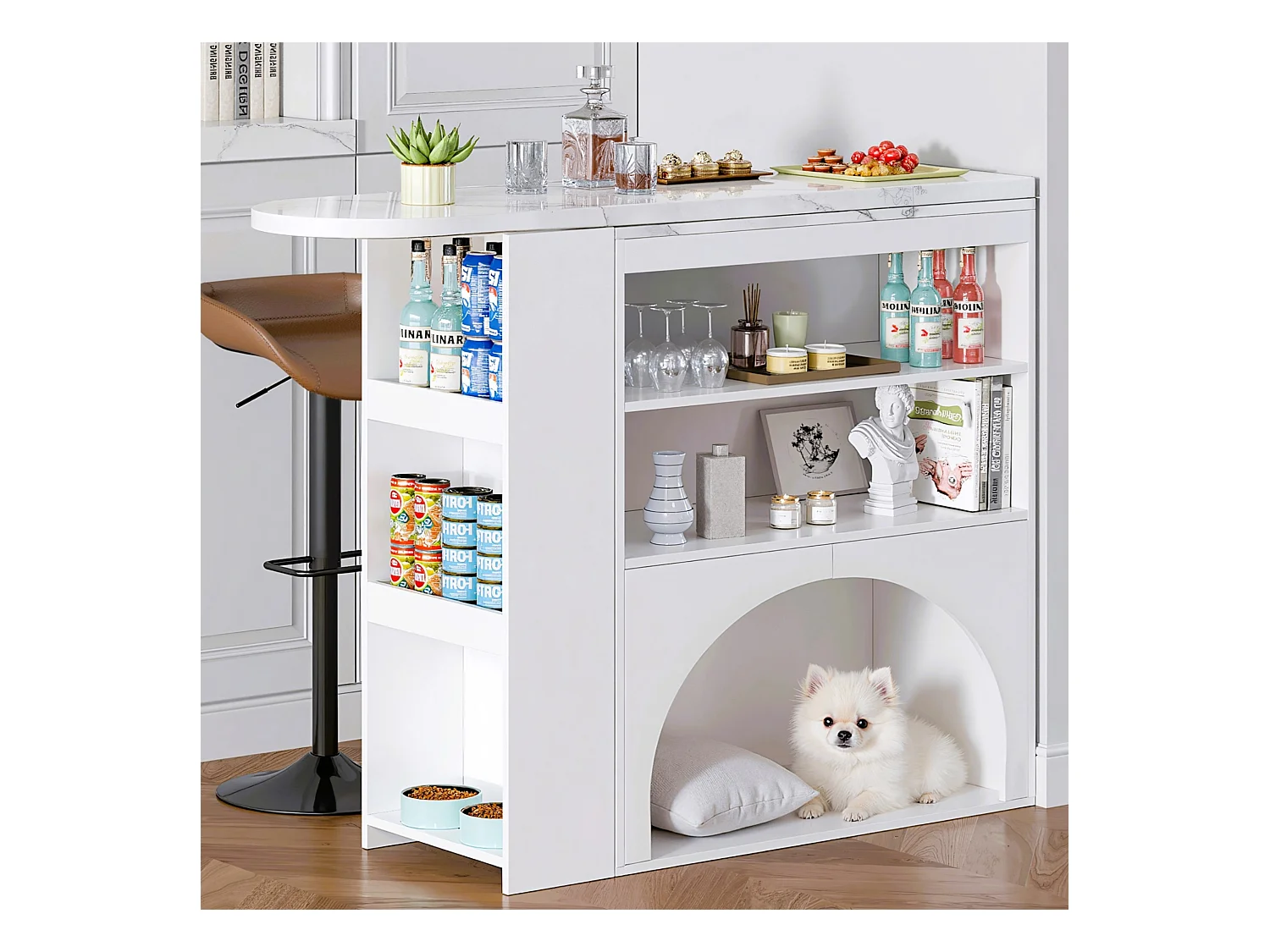 Meuble de bar extensible 120 (+80)×40×100 cm - avec espace de repos pour animaux - étagères ouvertes - blanc