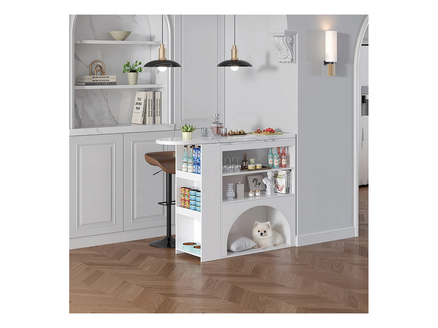 Meuble de bar extensible 120 (+80)×40×100 cm - avec espace de repos pour animaux - étagères ouvertes - blanc