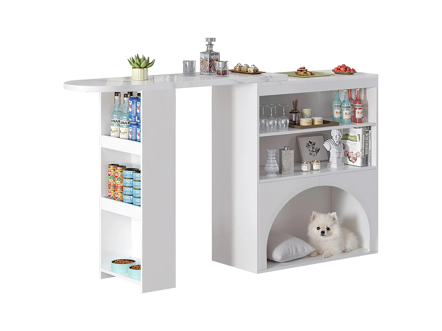 Meuble de bar extensible 120 (+80)×40×100 cm - avec espace de repos pour animaux - étagères ouvertes - blanc