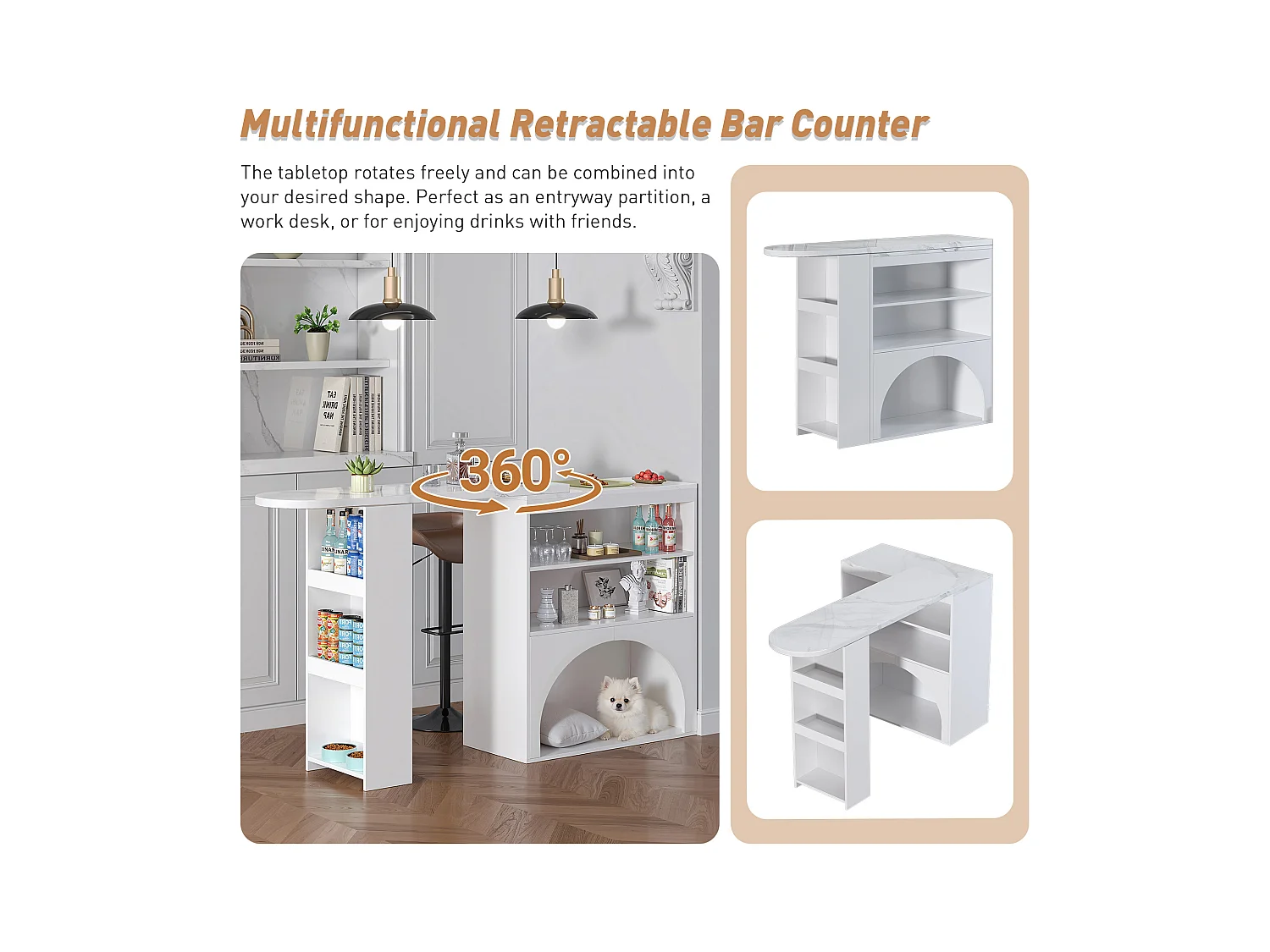 Meuble de bar extensible 120 (+80)×40×100 cm - avec espace de repos pour animaux - étagères ouvertes - blanc