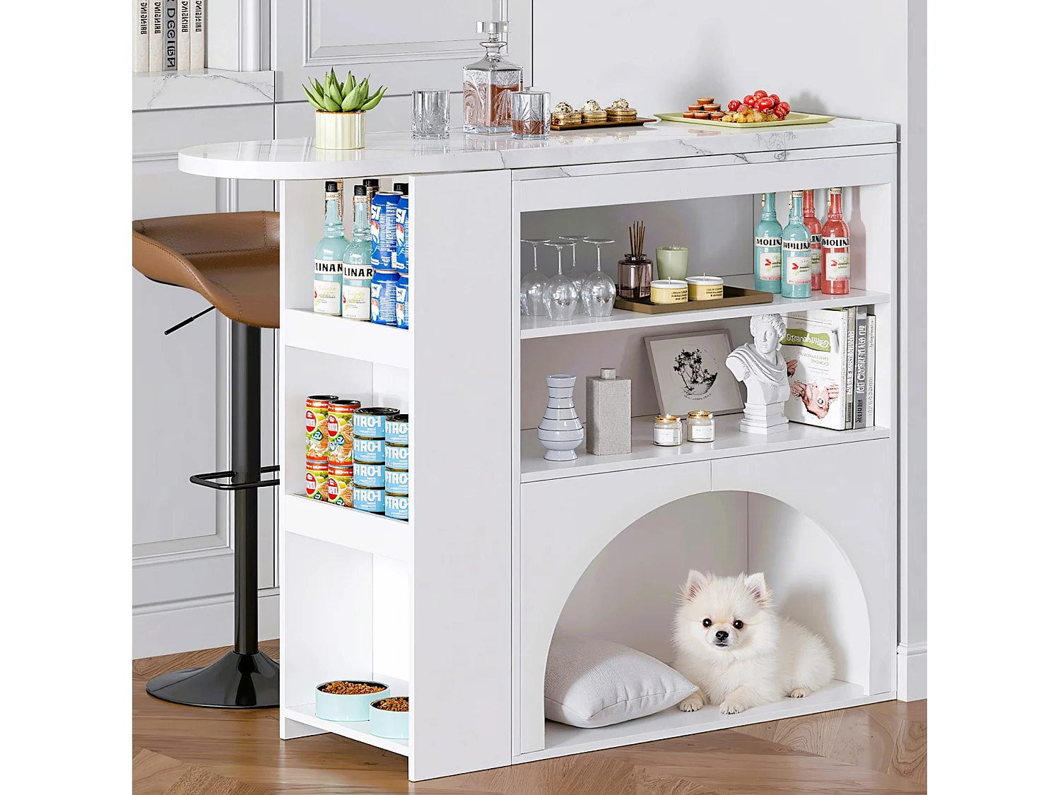 Ausziehbarer Bar-Schrank 120 (+80)×40×100 cm - mit Ruhebereich für Haustiere - offene Regale - weiß