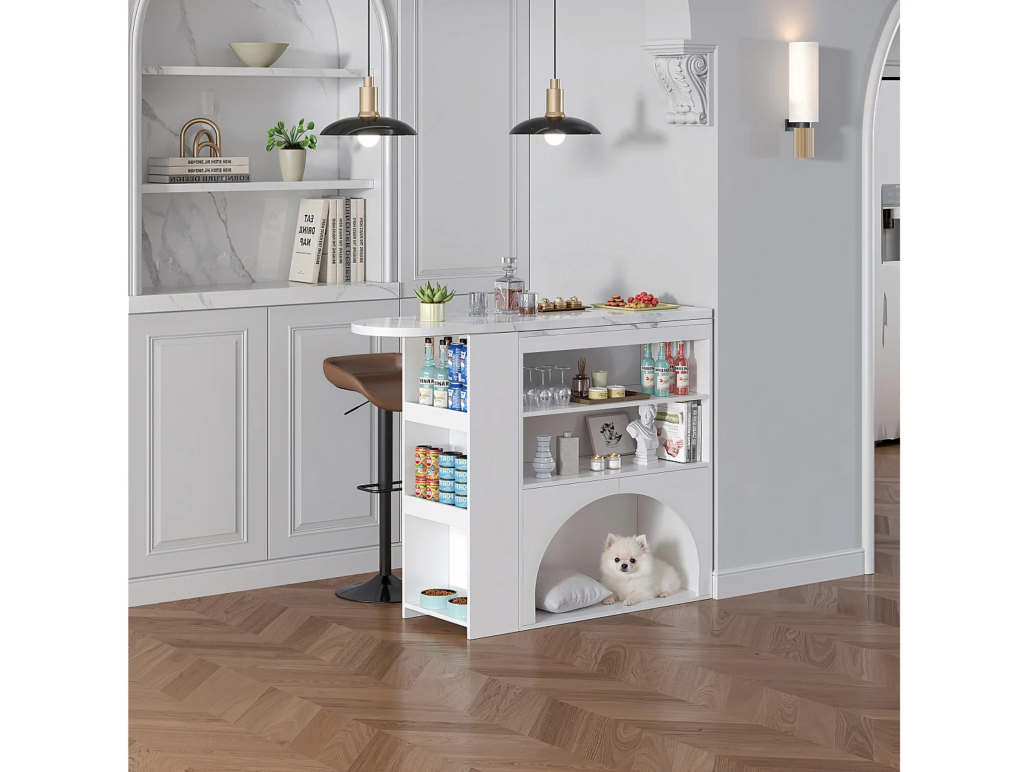 Ausziehbarer Bar-Schrank 120 (+80)×40×100 cm - mit Ruhebereich für Haustiere - offene Regale - weiß