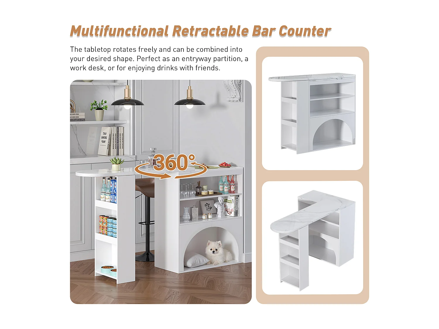 Ausziehbarer Bar-Schrank 120 (+80)×40×100 cm - mit Ruhebereich für Haustiere - offene Regale - weiß