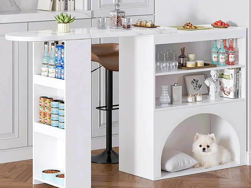 Mobile bar estensibile 120 (+80)×40×100 cm - con spazio riposo per animali - ripiani aperti - bianco