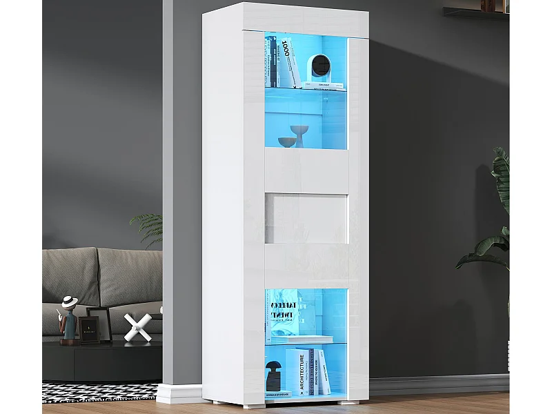 Vitrine brillante 60x40x170 cm - avec éclairage LED - 1 porte - Étagères en verre - Blanc
