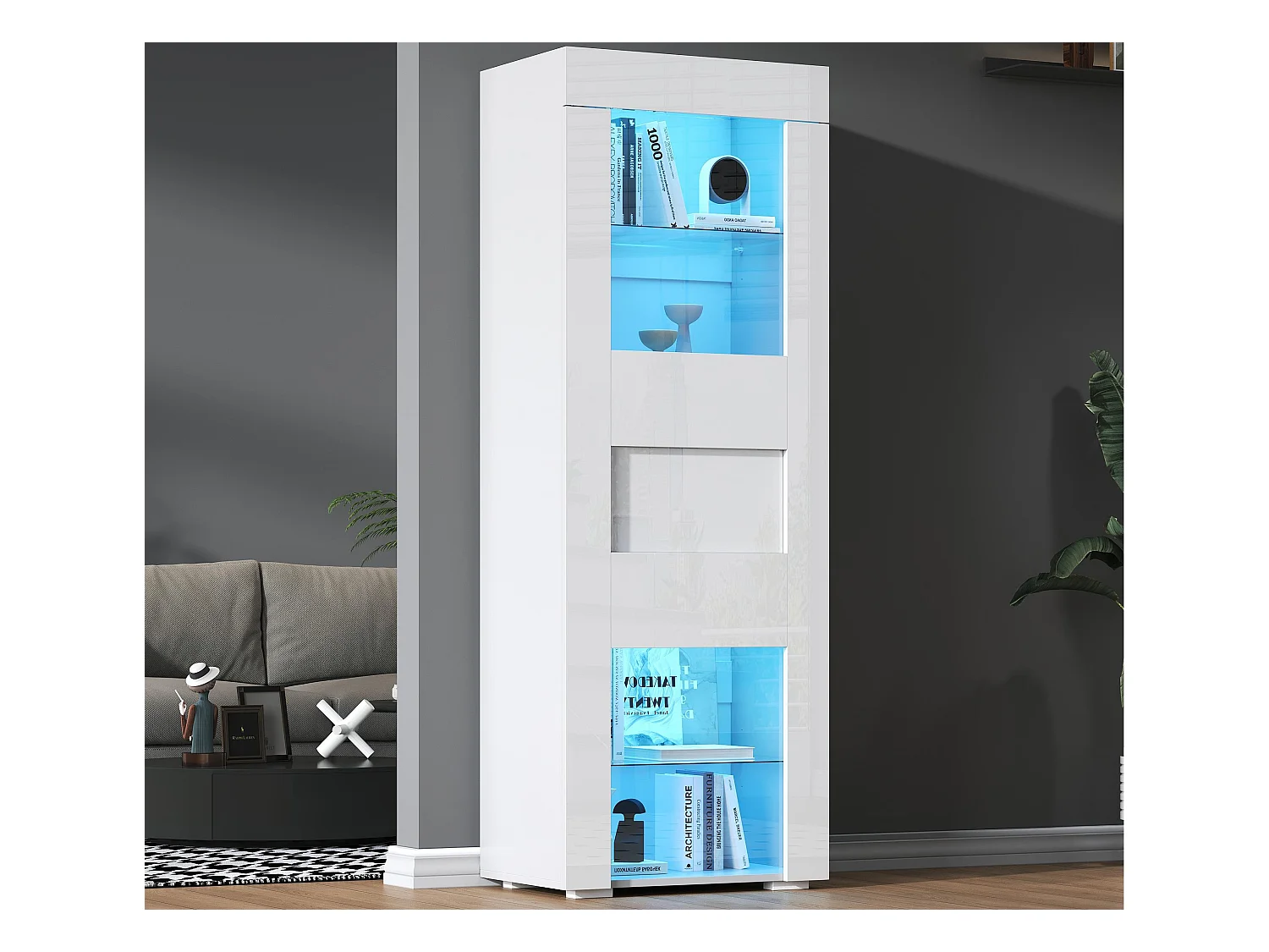Vitrine brillante 60x40x170 cm - avec éclairage LED - 1 porte - Étagères en verre - Blanc