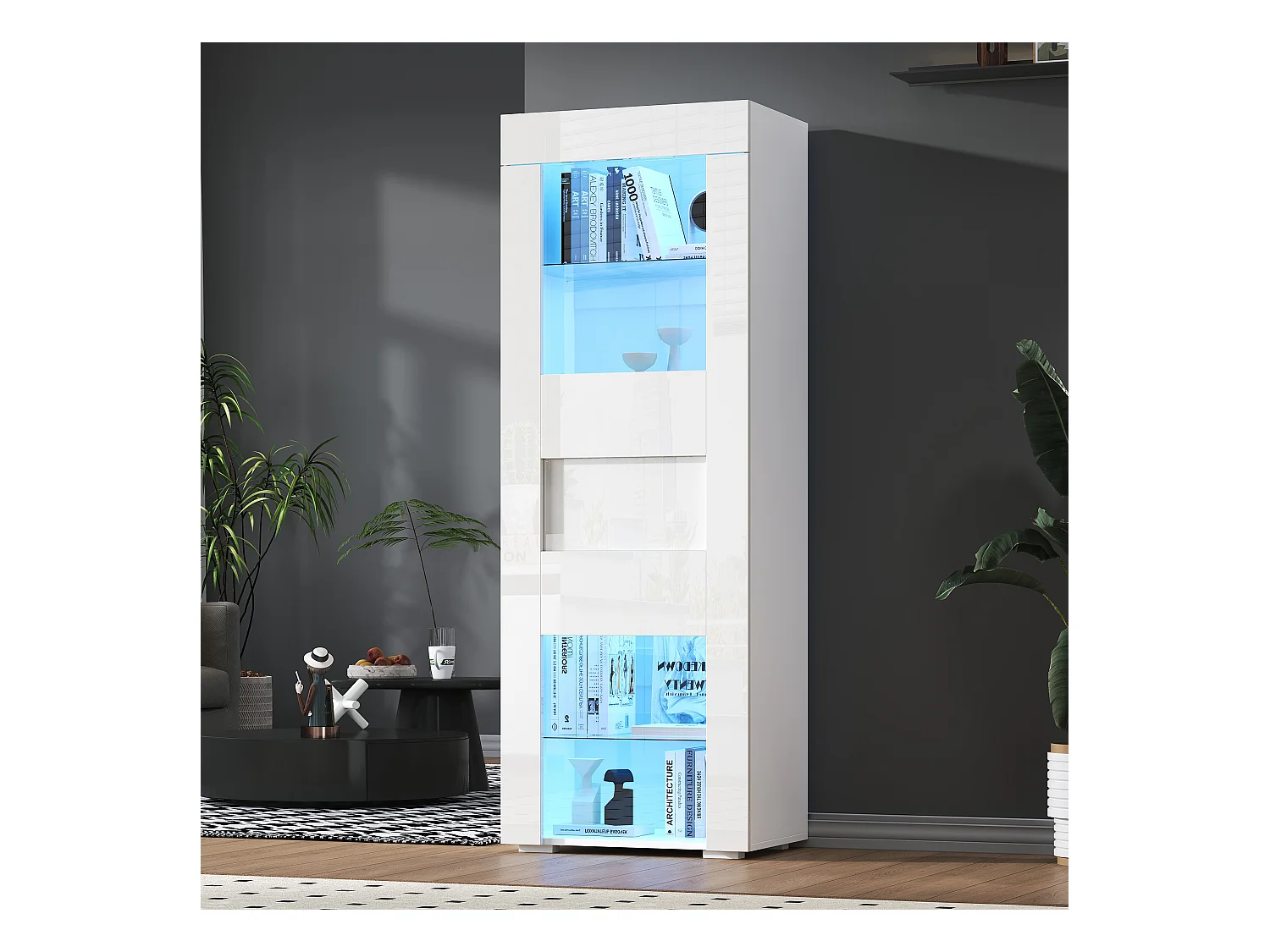 Vitrine brillante 60x40x170 cm - avec éclairage LED - 1 porte - Étagères en verre - Blanc