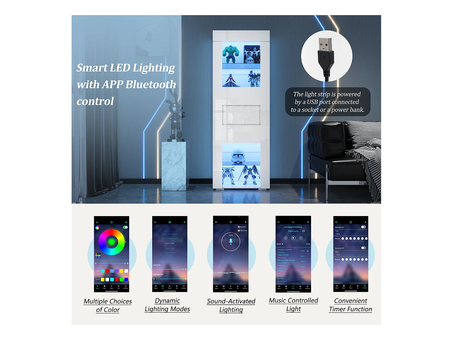 Vitrine brillante 60x40x170 cm - avec éclairage LED - 1 porte - Étagères en verre - Blanc