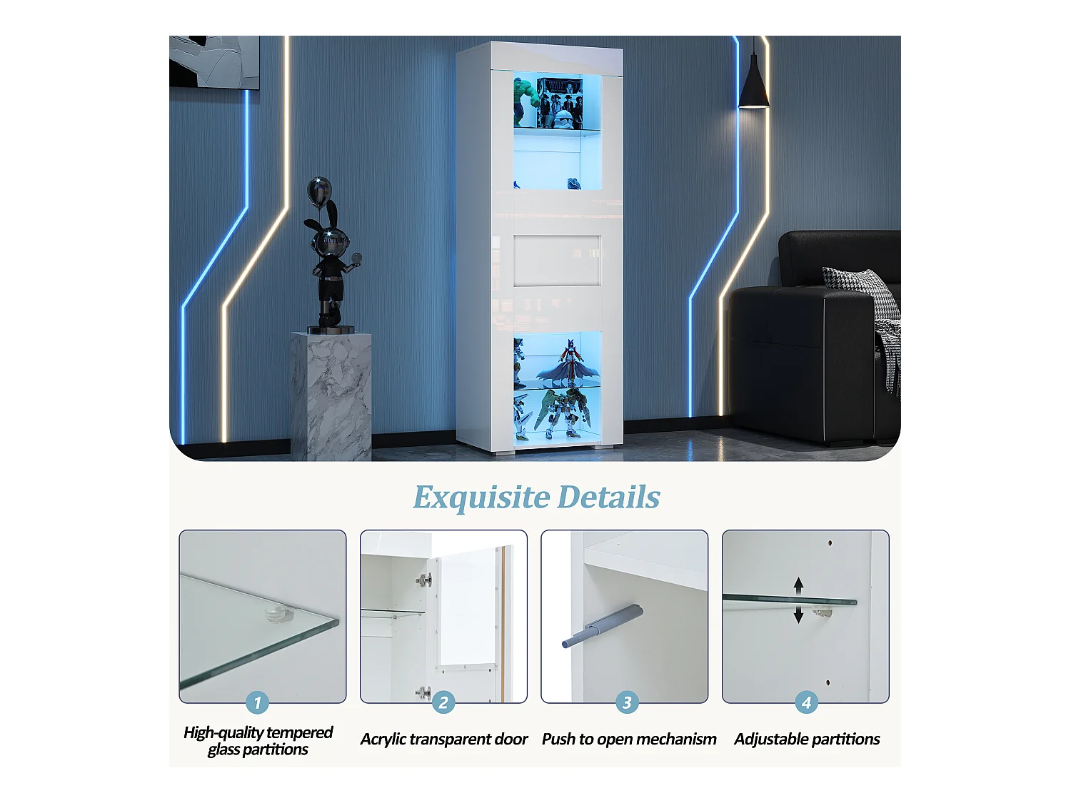 Vitrine brillante 60x40x170 cm - avec éclairage LED - 1 porte - Étagères en verre - Blanc