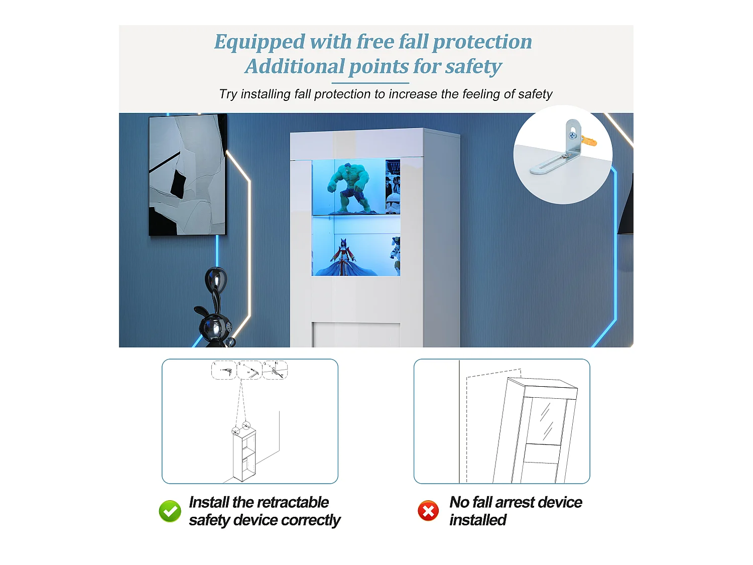 Vitrine brillante 60x40x170 cm - avec éclairage LED - 1 porte - Étagères en verre - Blanc