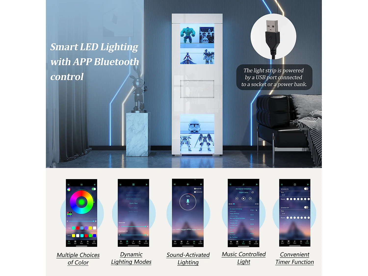 Vitrine brillante 60x40x170 cm - avec éclairage LED - 1 porte - Étagères en verre - Blanc