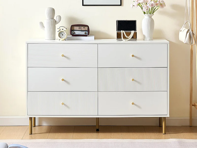 Buffet moderne 120x40x78 cm - 6 tiroirs - Pieds en métal - MDF - Blanc
