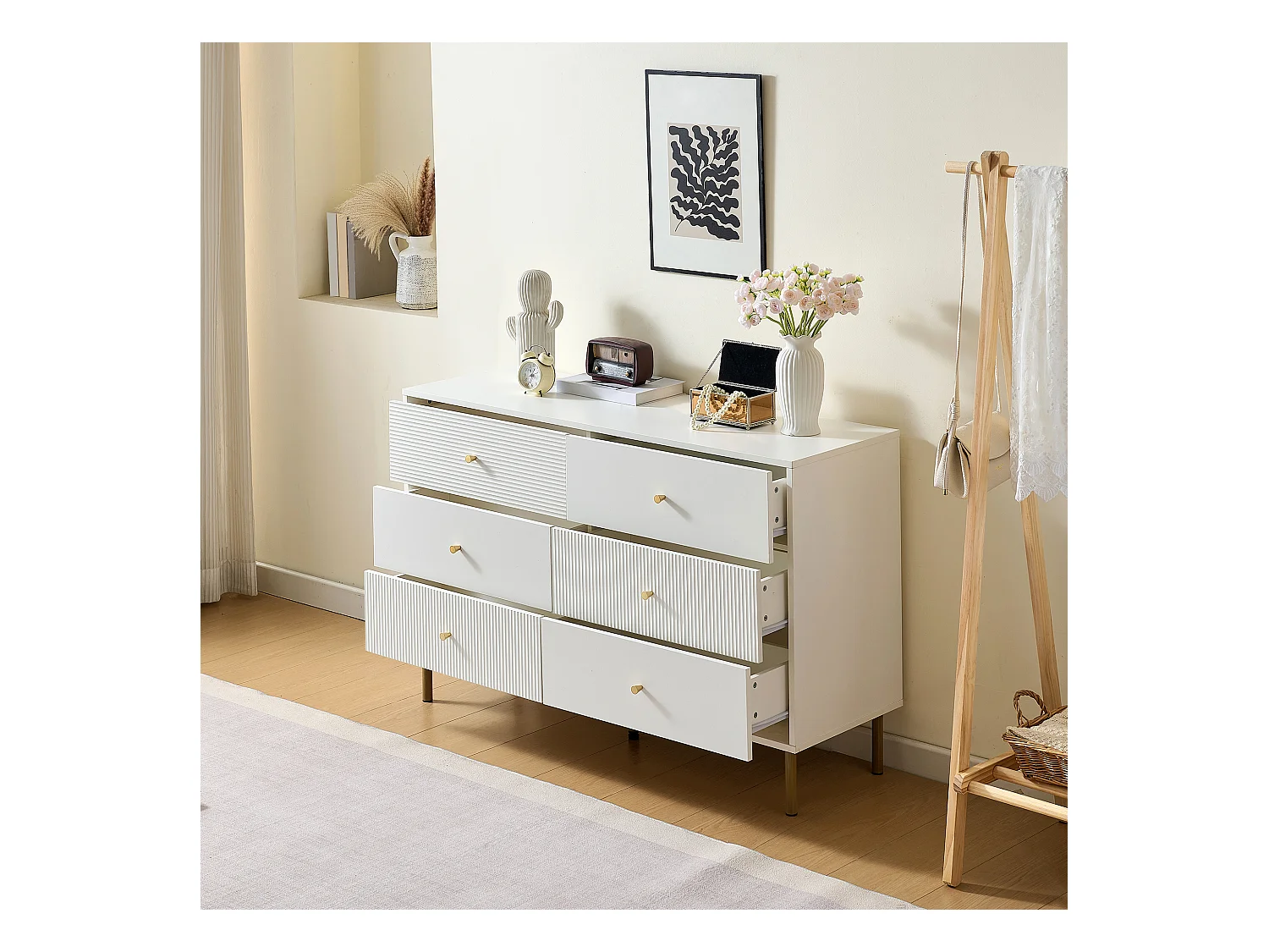 Nowoczesny buffet 120x40x78 cm - 6 szuflad - Nóżki metalowe - MDF - Biały