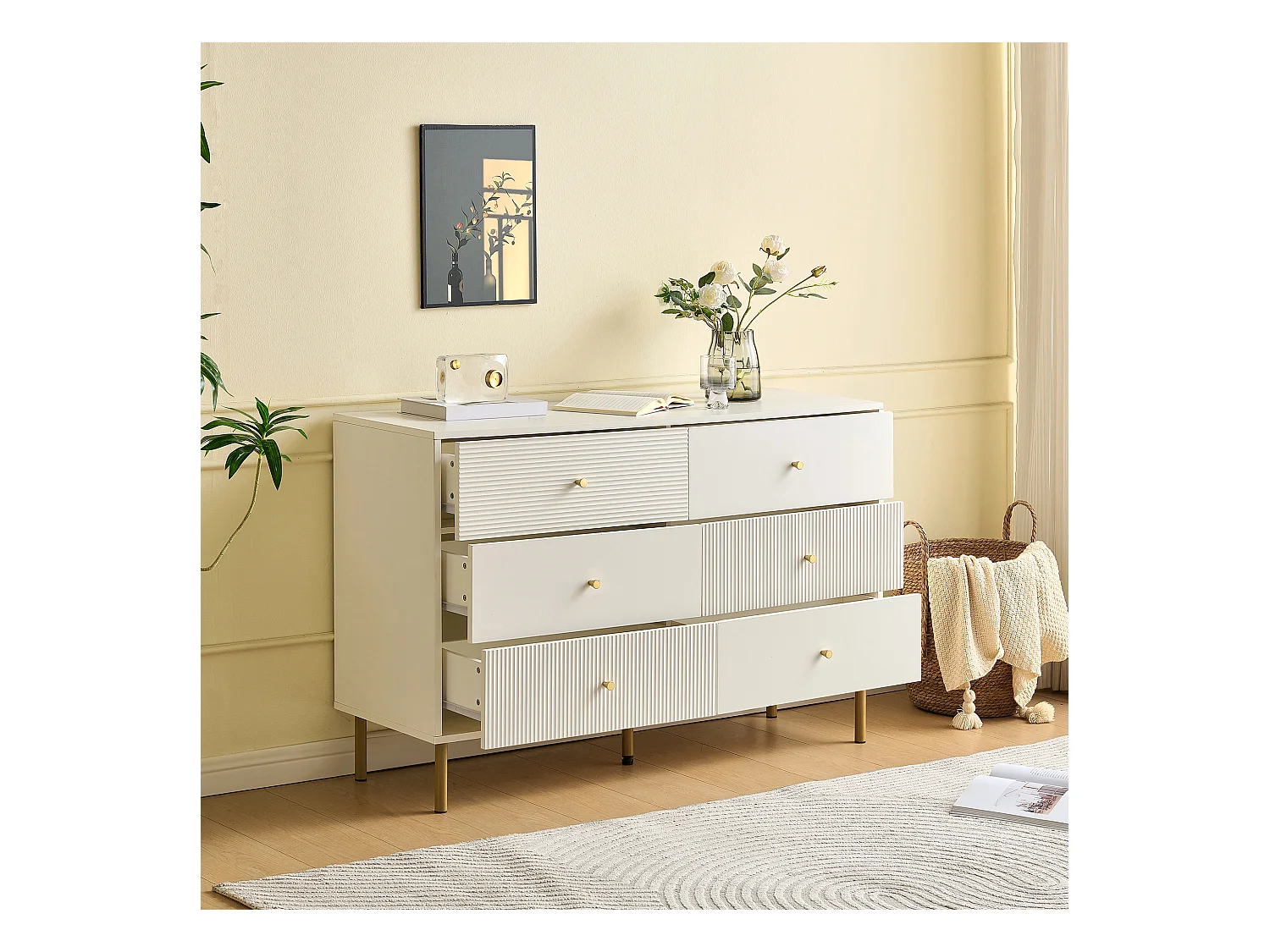 Nowoczesny buffet 120x40x78 cm - 6 szuflad - Nóżki metalowe - MDF - Biały