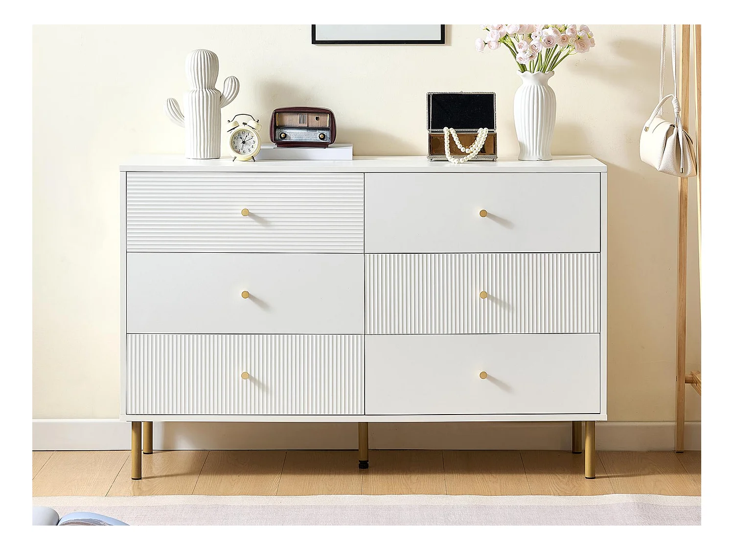 Buffet moderne 120x40x78 cm - 6 tiroirs - Pieds en métal - MDF - Blanc