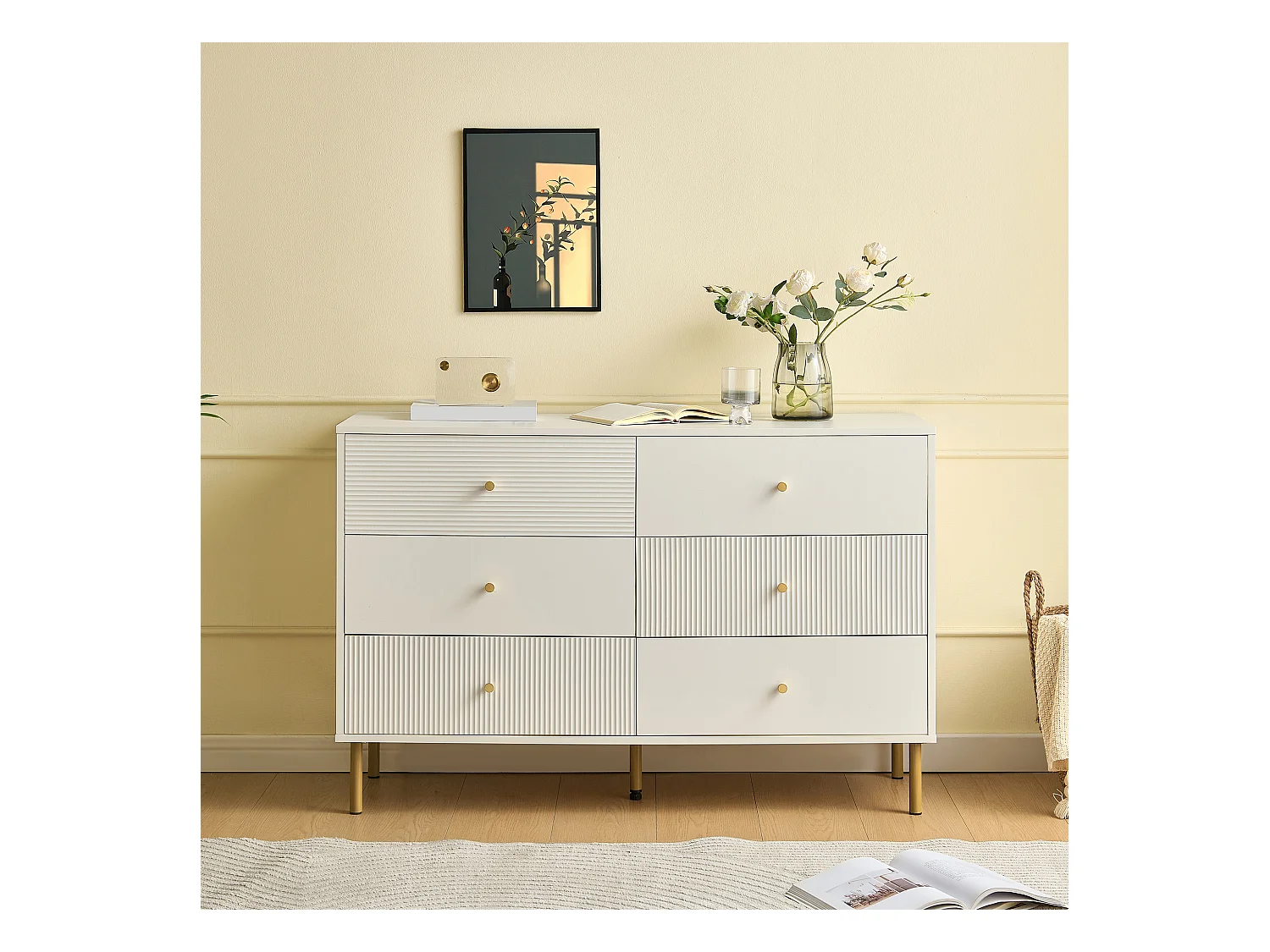 Buffet moderne 120x40x78 cm - 6 tiroirs - Pieds en métal - MDF - Blanc