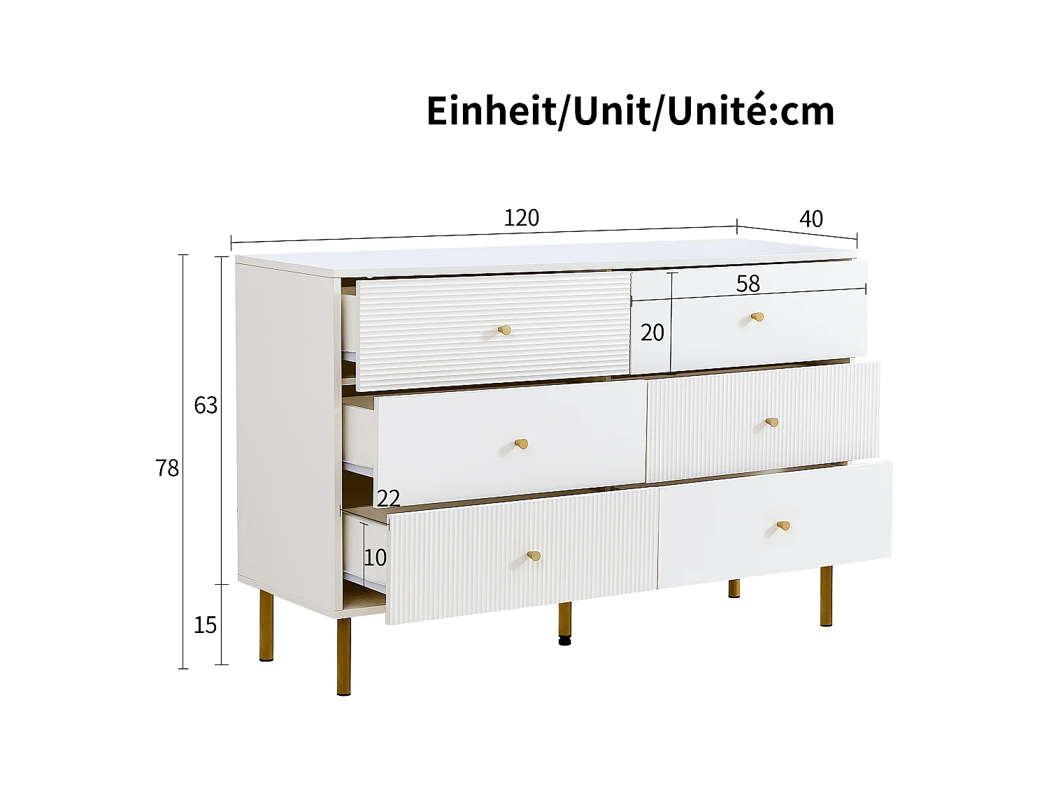 Buffet moderne 120x40x78 cm - 6 tiroirs - Pieds en métal - MDF - Blanc
